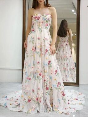 Strapless Floral A-Line Maxi Dress in Ivory